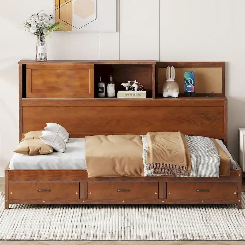Letto a giorno in legno di dimensioni standard con 3 cassetti portaoggetti, porte USB e ripiano a scomparsa