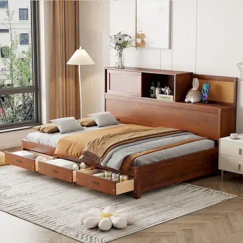 Letto a giorno in legno di dimensioni standard con 3 cassetti portaoggetti, porte USB e ripiano a scomparsa