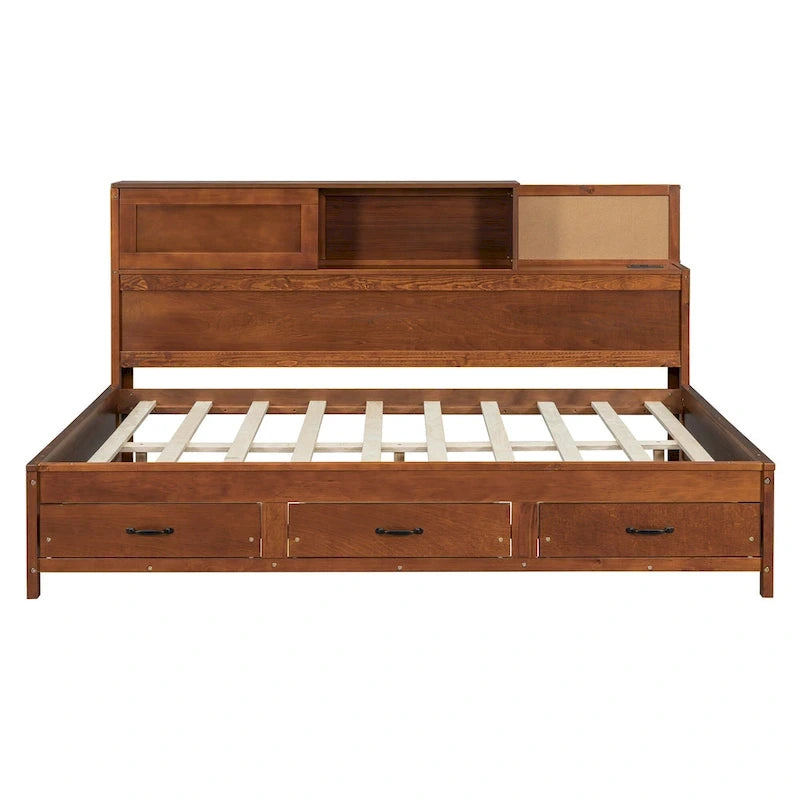 Letto a giorno in legno di dimensioni standard con 3 cassetti portaoggetti, porte USB e ripiano a scomparsa