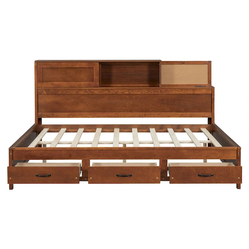 Letto a giorno in legno di dimensioni standard con 3 cassetti portaoggetti, porte USB e ripiano a scomparsa
