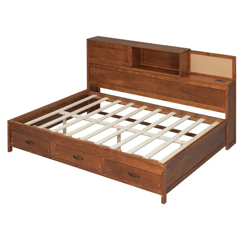 Letto a giorno in legno di dimensioni standard con 3 cassetti portaoggetti, porte USB e ripiano a scomparsa