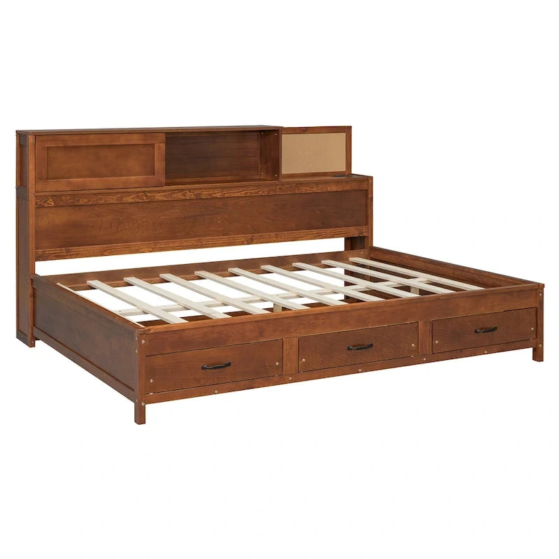 Letto a giorno in legno di dimensioni standard con 3 cassetti portaoggetti, porte USB e ripiano a scomparsa