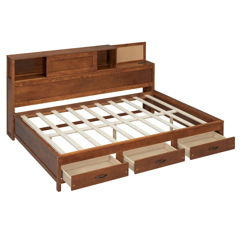 Letto a giorno in legno di dimensioni standard con 3 cassetti portaoggetti, porte USB e ripiano a scomparsa