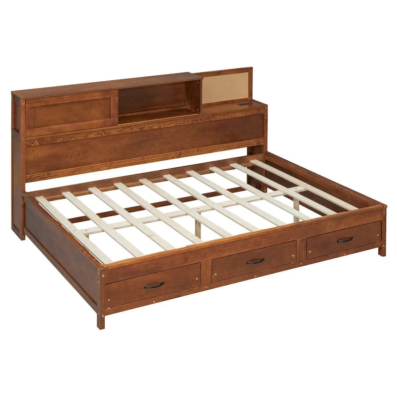 Letto a giorno in legno di dimensioni standard con 3 cassetti portaoggetti, porte USB e ripiano a scomparsa