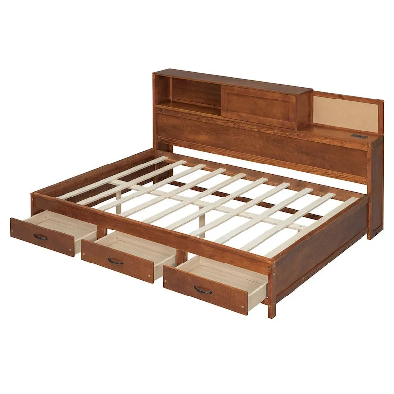 Letto a giorno in legno di dimensioni standard con 3 cassetti portaoggetti, porte USB e ripiano a scomparsa