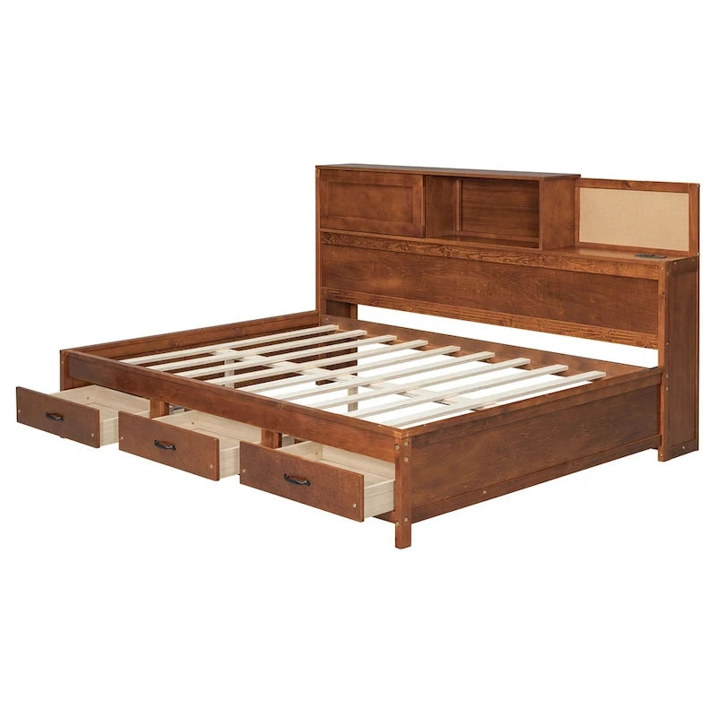 Letto a giorno in legno di dimensioni standard con 3 cassetti portaoggetti, porte USB e ripiano a scomparsa
