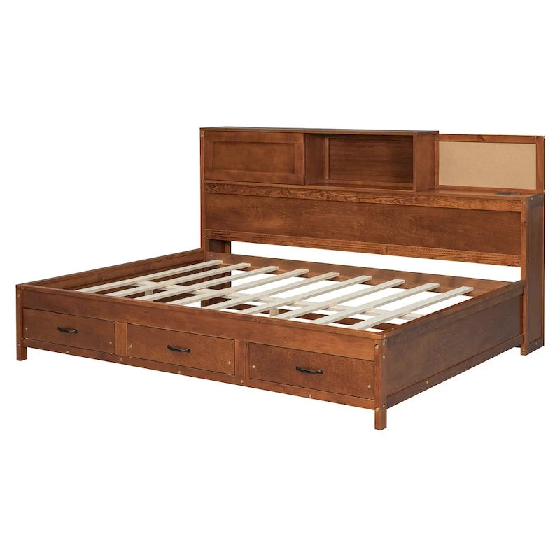 Letto a giorno in legno di dimensioni standard con 3 cassetti portaoggetti, porte USB e ripiano a scomparsa