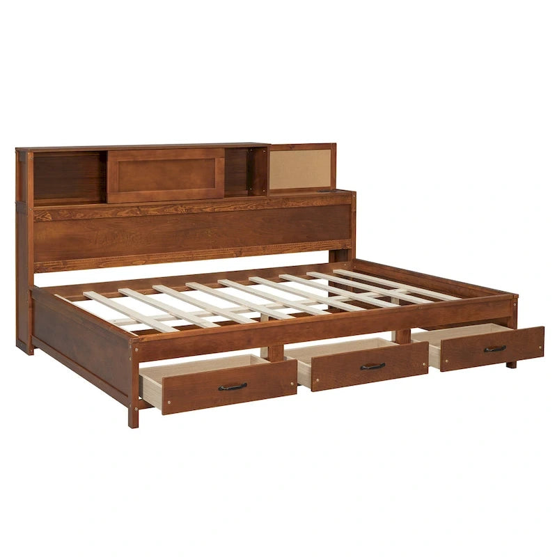 Letto a giorno in legno di dimensioni standard con 3 cassetti portaoggetti, porte USB e ripiano a scomparsa