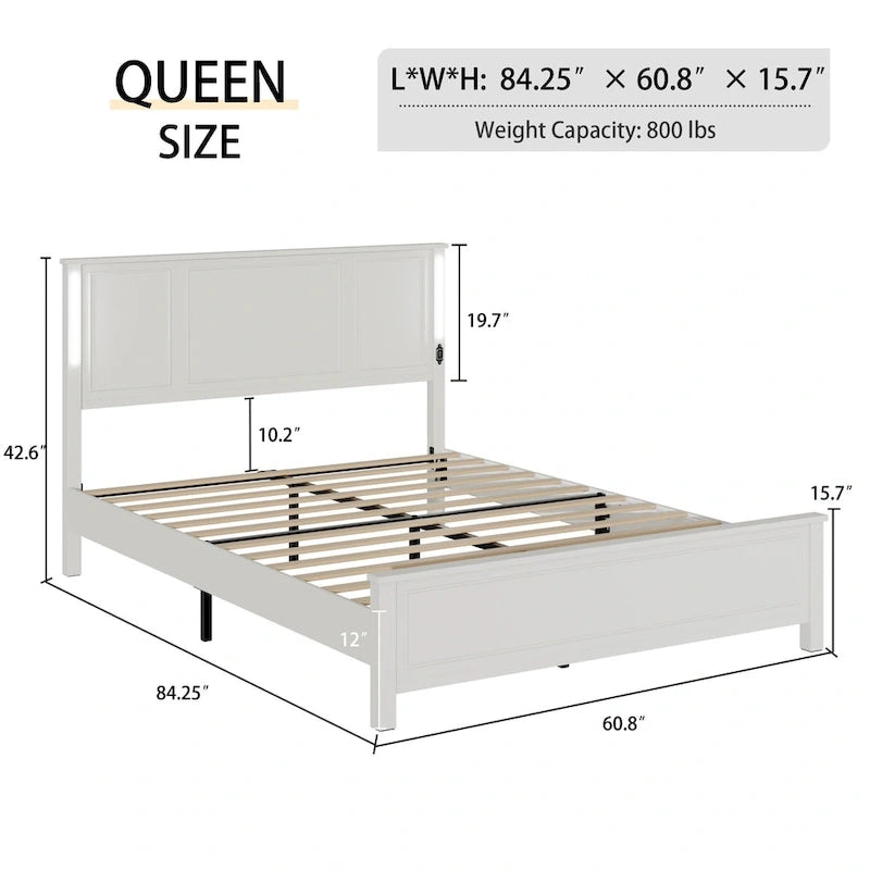 Letto a piattaforma Queen Size con testiera in legno, illuminazione a LED e porte di ricarica USB