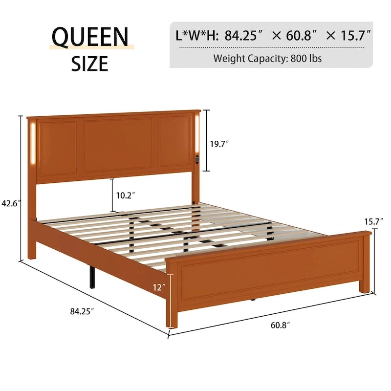 Letto a piattaforma Queen Size con testiera in legno, illuminazione a LED e porte di ricarica USB