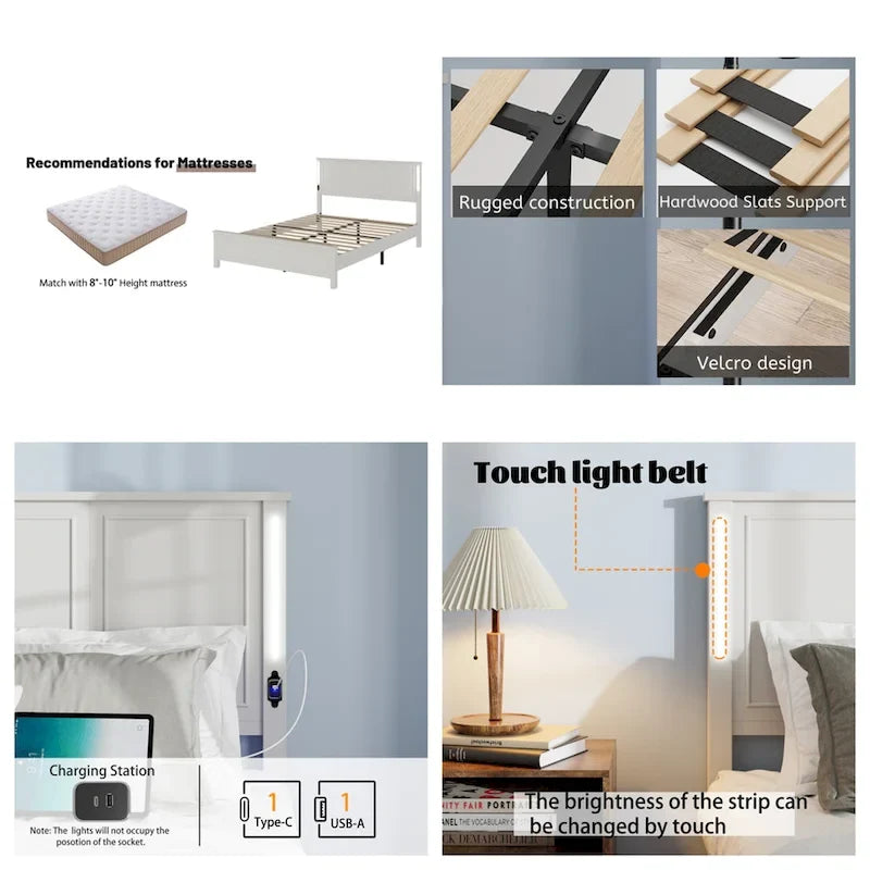 Letto a piattaforma Queen Size con testiera in legno, illuminazione a LED e porte di ricarica USB