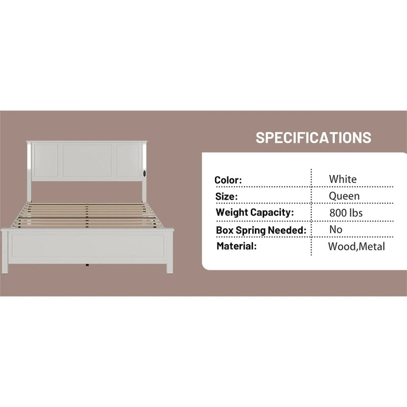 Letto a piattaforma Queen Size con testiera in legno, illuminazione a LED e porte di ricarica USB