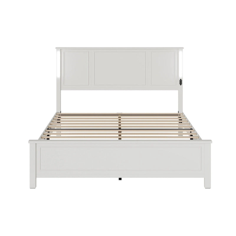 Letto a piattaforma Queen Size con testiera in legno, illuminazione a LED e porte di ricarica USB