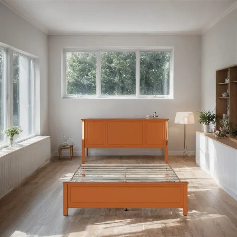 Letto a piattaforma Queen Size con testiera in legno, illuminazione a LED e porte di ricarica USB