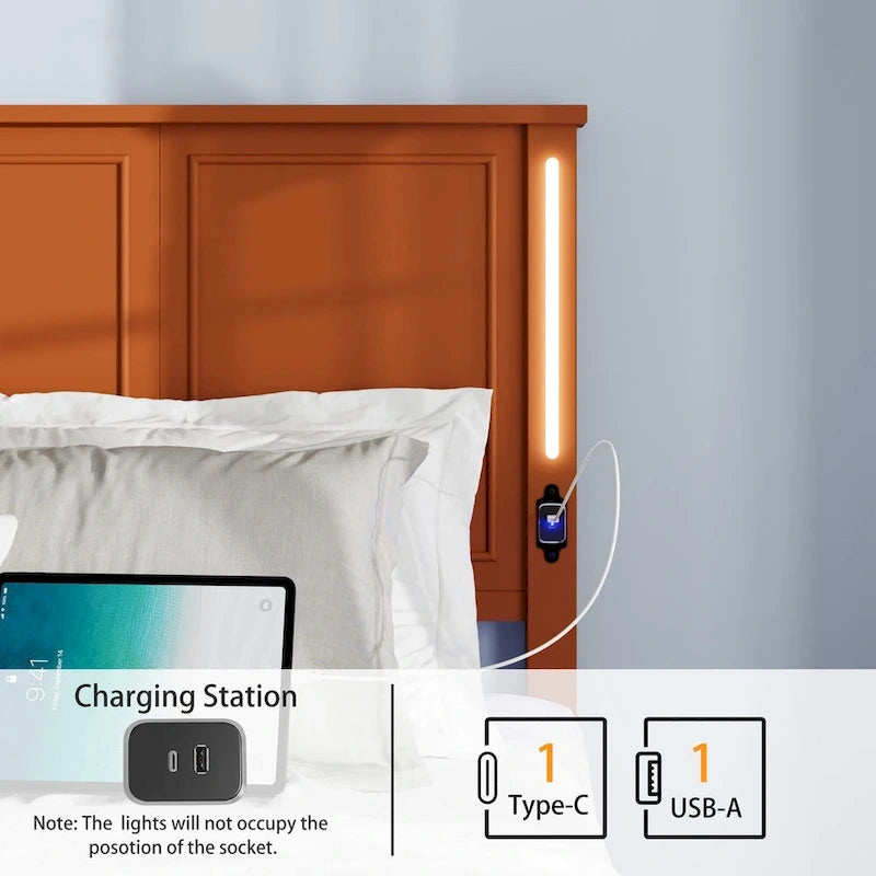 Letto a piattaforma Queen Size con testiera in legno, illuminazione a LED e porte di ricarica USB