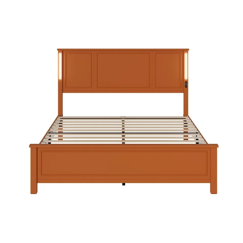Letto a piattaforma Queen Size con testiera in legno, illuminazione a LED e porte di ricarica USB