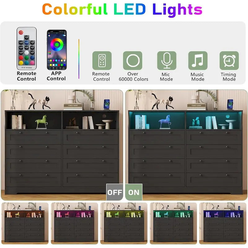 Comò a 8 cassetti con luci LED e stazione di ricarica