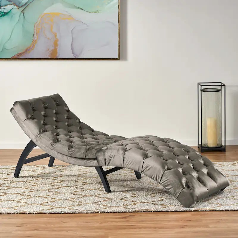 Chaise longue capitonné in velluto con gambe in legno di betulla