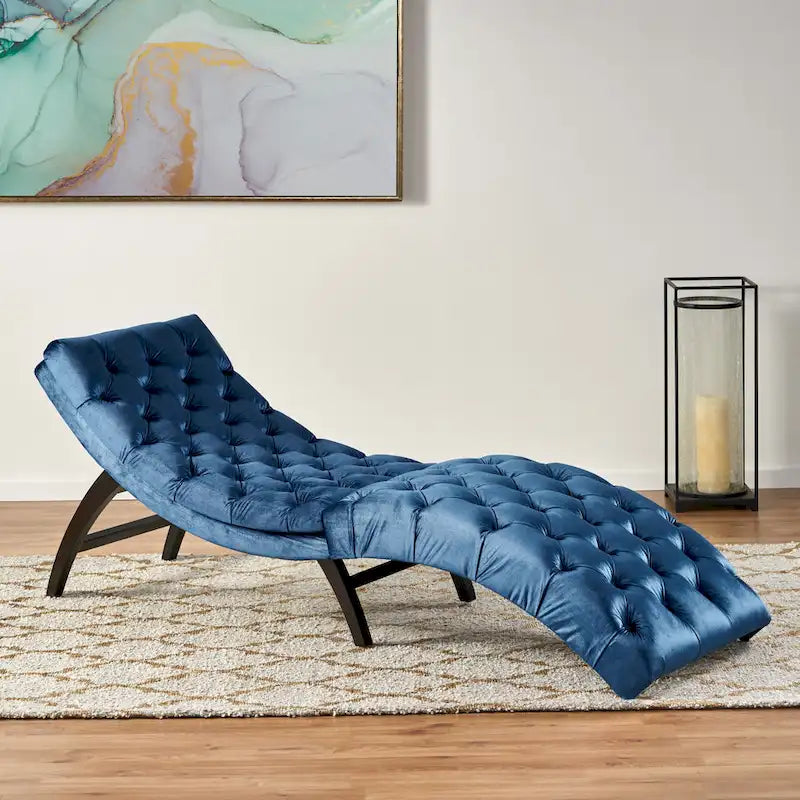 Chaise longue capitonné in velluto con gambe in legno di betulla