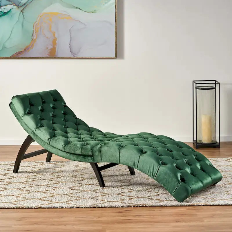 Chaise longue capitonné in velluto con gambe in legno di betulla