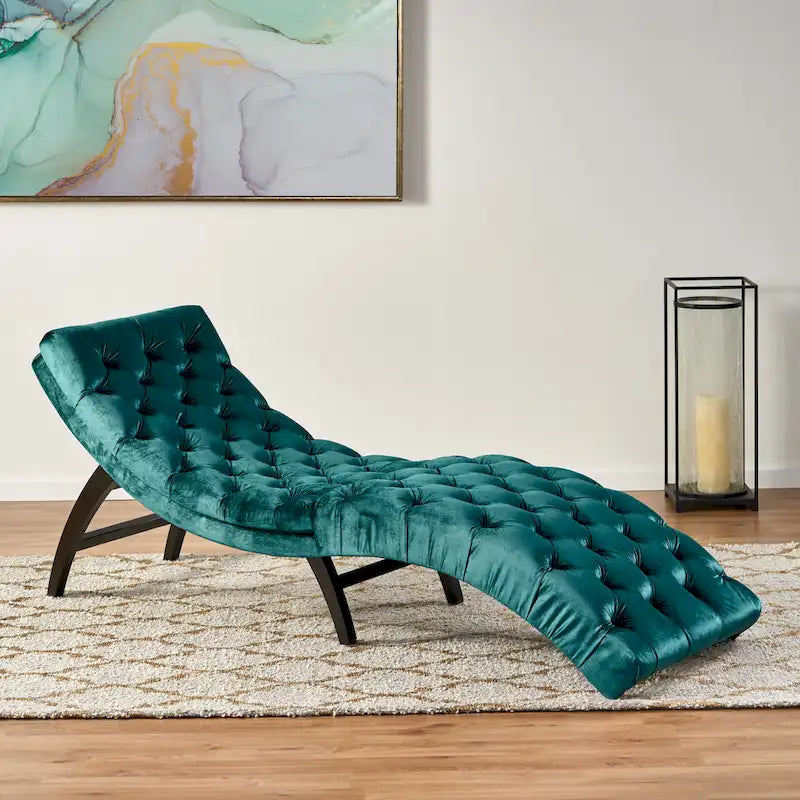 Chaise longue capitonné in velluto con gambe in legno di betulla