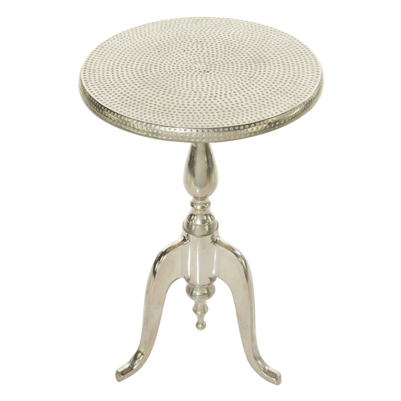 Tavolino da Appoggio in Metallo di Alluminio con Piano Martellato e Gambe a Voluta - Argento - 15L x 15P x 22A