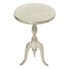 Tavolino da Appoggio in Metallo di Alluminio con Piano Martellato e Gambe a Voluta - Argento - 15L x 15P x 22A