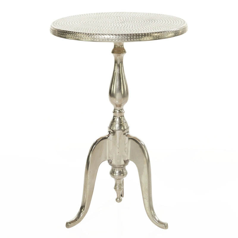 Tavolino da Appoggio in Metallo di Alluminio con Piano Martellato e Gambe a Voluta - Argento - 15L x 15P x 22A
