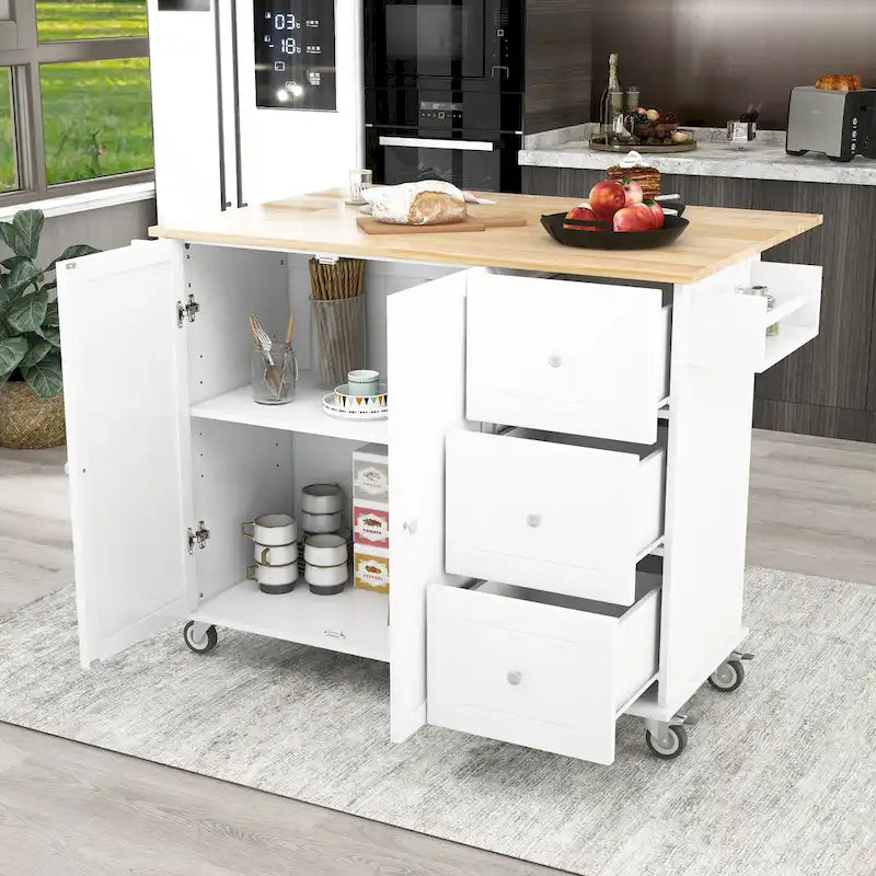 Carrello da Cucina con Isola e Ante a Ribalta, Ruote Bloccabili, 133,9 cm L
