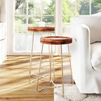 Gold Iron And Natural Wood Round Accent Table by East at Main