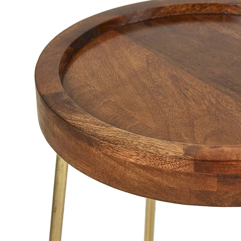 Tavolino Rotondo d'Appoggio in Ferro Dorato e Legno Naturale