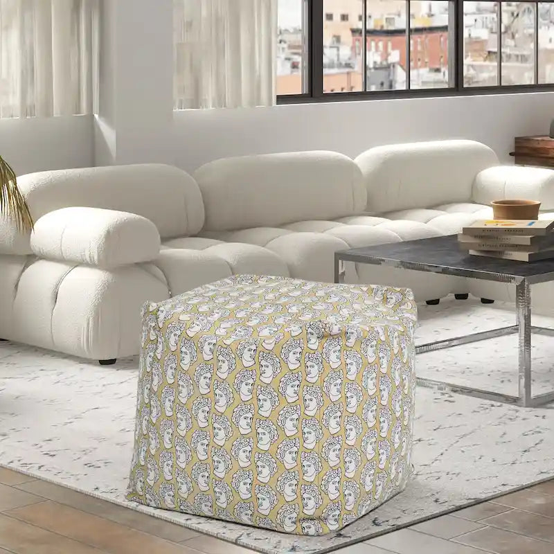 Pouf poggiapiedi cubo ricamato da 23" con imbottitura in microsfere