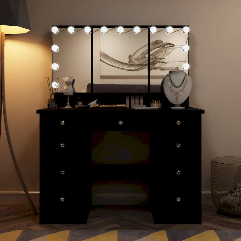 Toeletta a 9 cassetti con specchio LED e 3 specchi regolabili