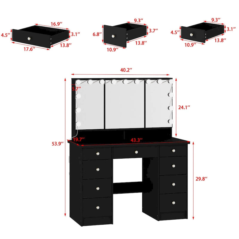 Toeletta a 9 cassetti con specchio LED e 3 specchi regolabili