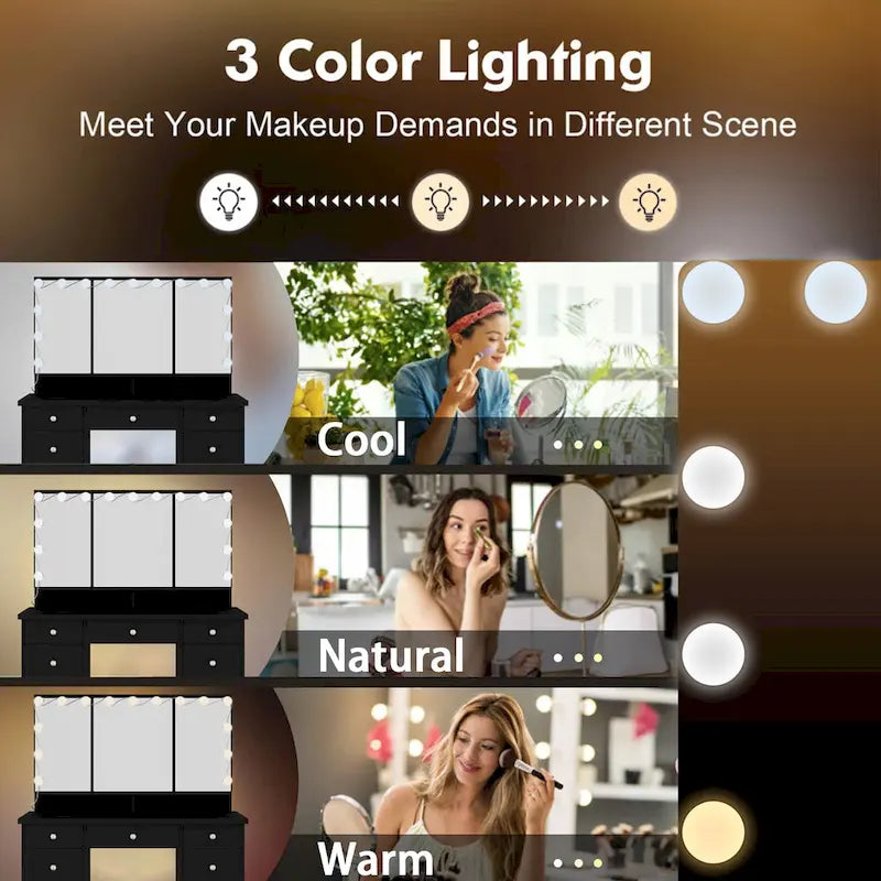 Toeletta a 9 cassetti con specchio LED e 3 specchi regolabili