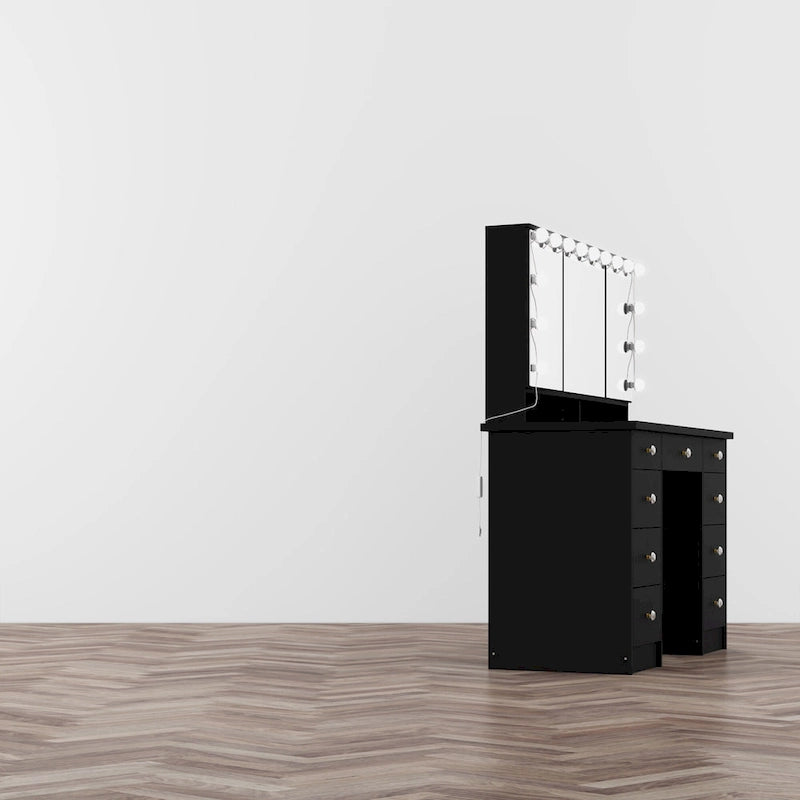 Toeletta a 9 cassetti con specchio LED e 3 specchi regolabili