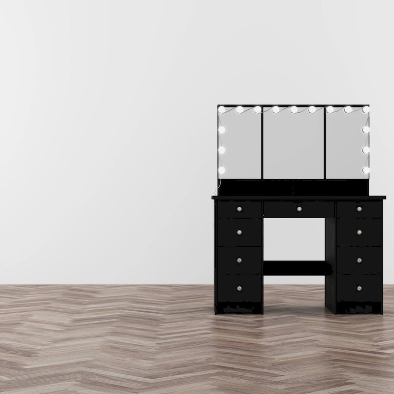 Toeletta a 9 cassetti con specchio LED e 3 specchi regolabili