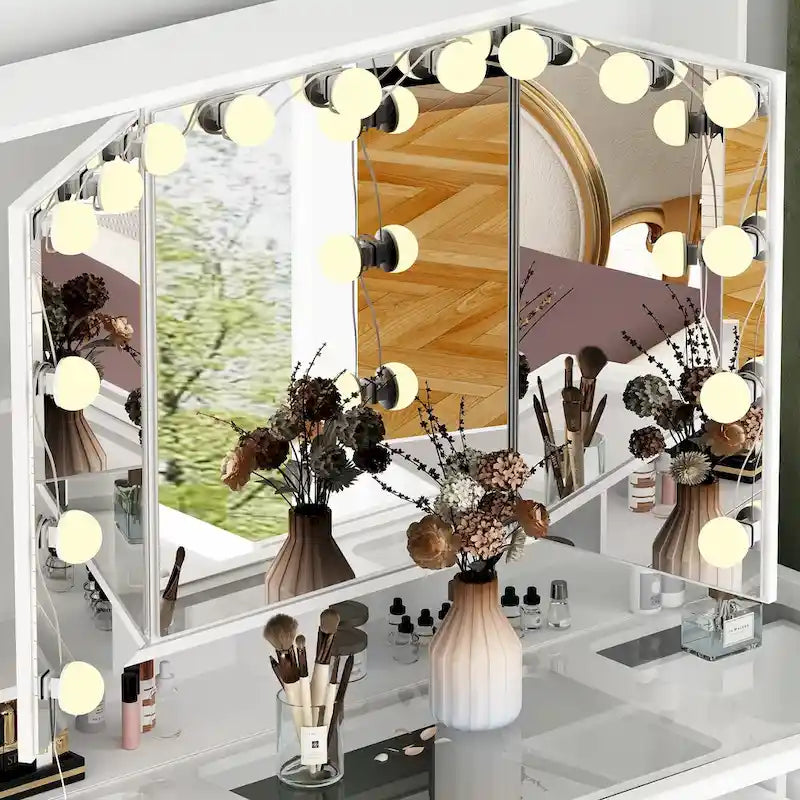 Toeletta a 9 cassetti con specchio LED e 3 specchi regolabili