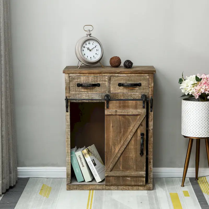 Brown Rustic Sliding Barn Door Storage Cabinet - 31.8 H x 24 W x 12 D