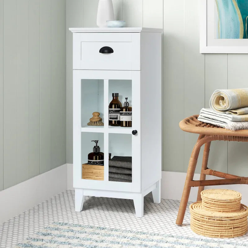 Mobiletto salvaspazio stretto bianco in legno con anta in vetro - 94 A x 40 L x 30 P cm