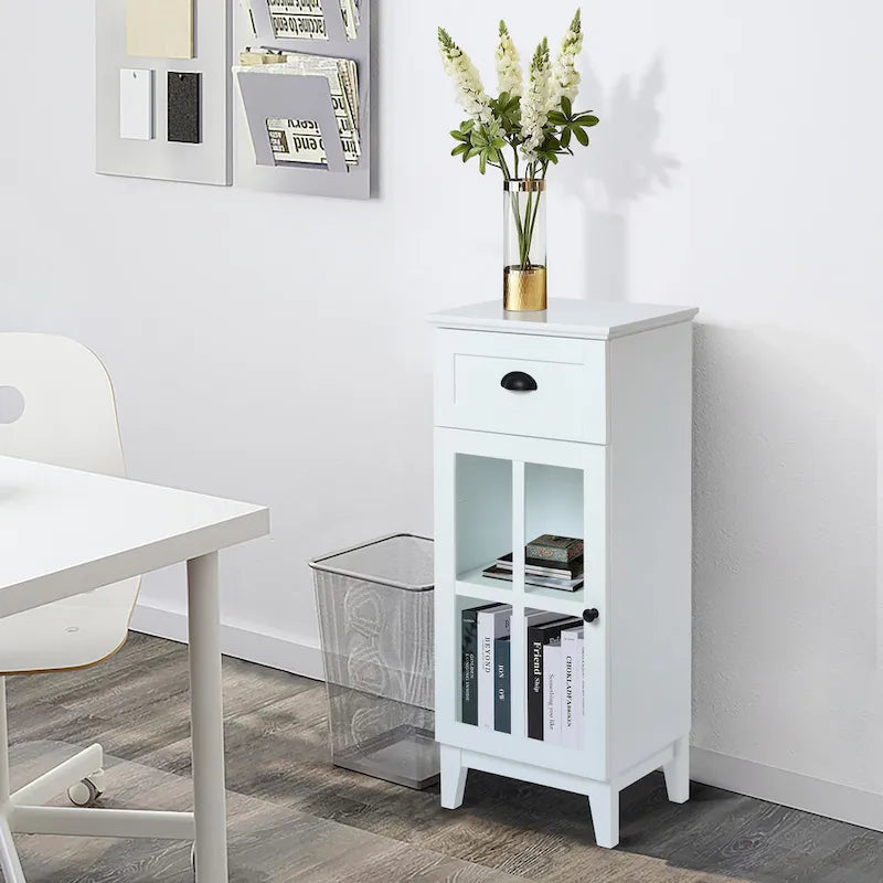 Mobiletto salvaspazio stretto bianco in legno con anta in vetro - 94 A x 40 L x 30 P cm