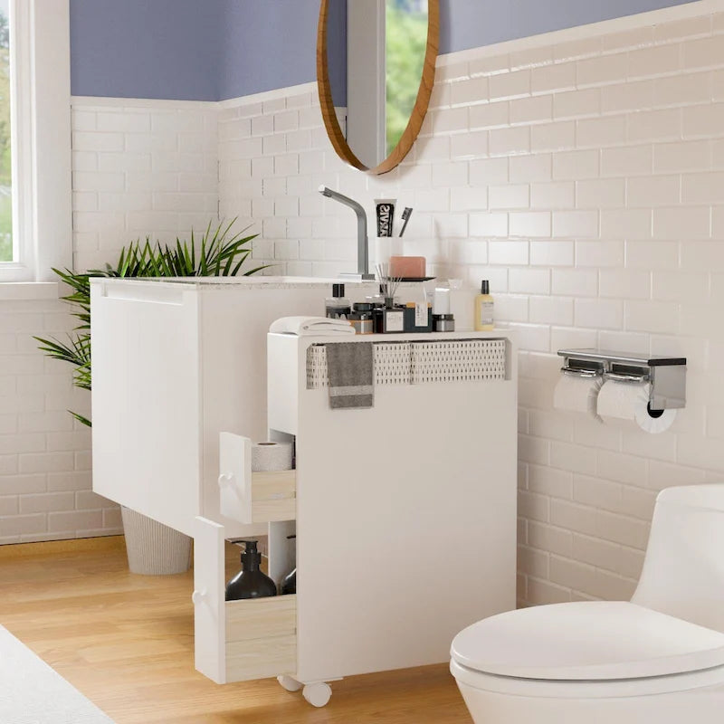Mobiletto da bagno autoportante con cassetti e rotelle