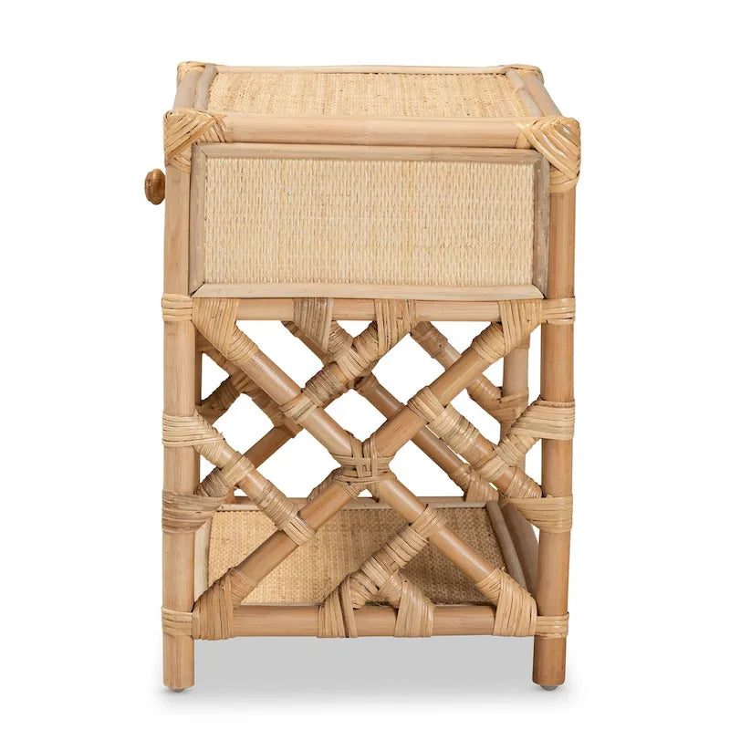 Comodino in rattan e compensato con 1 cassetto e ripiano aperto, marrone naturale