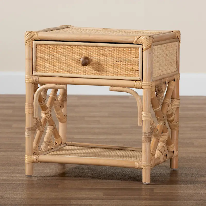 Comodino in rattan e compensato con 1 cassetto e ripiano aperto, marrone naturale