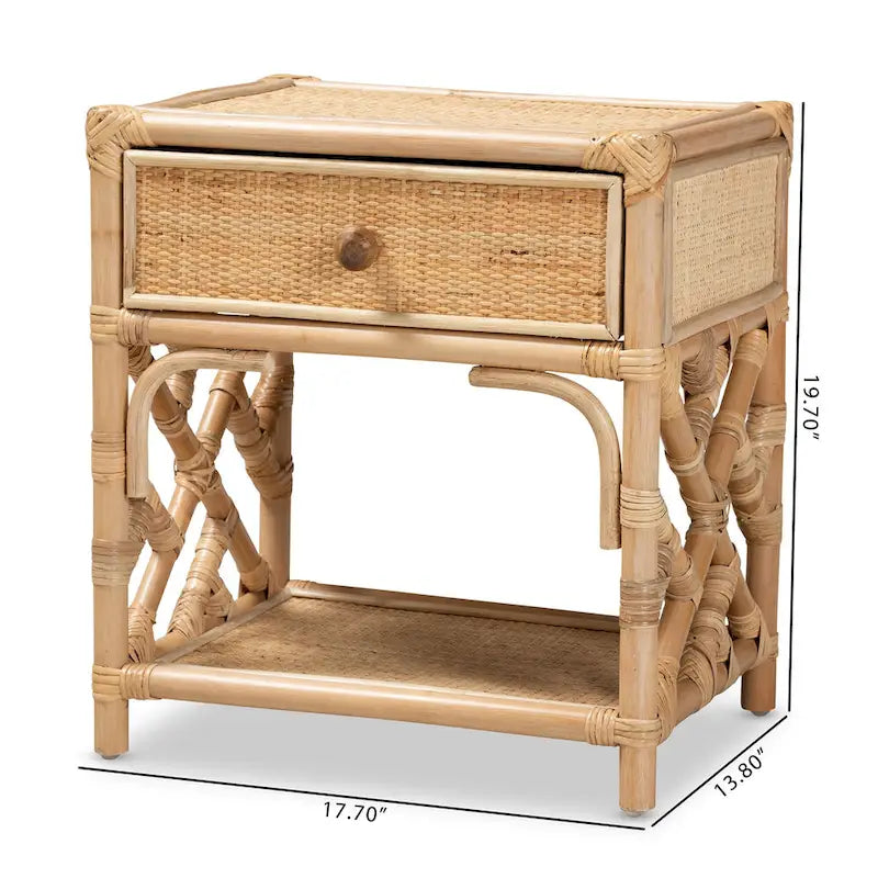 Comodino in rattan e compensato con 1 cassetto e ripiano aperto, marrone naturale