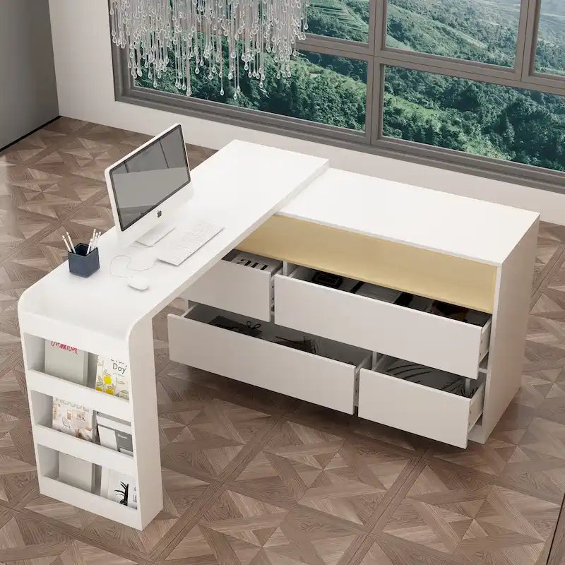 Comò a 4 cassetti con piano mobile a L e ripiani laterali