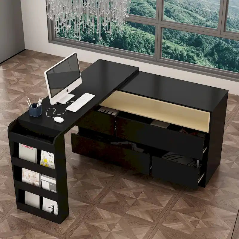 Comò a 4 cassetti con piano mobile a L e ripiani laterali