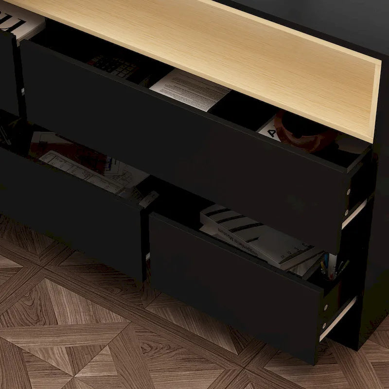 Comò a 4 cassetti con piano mobile a L e ripiani laterali