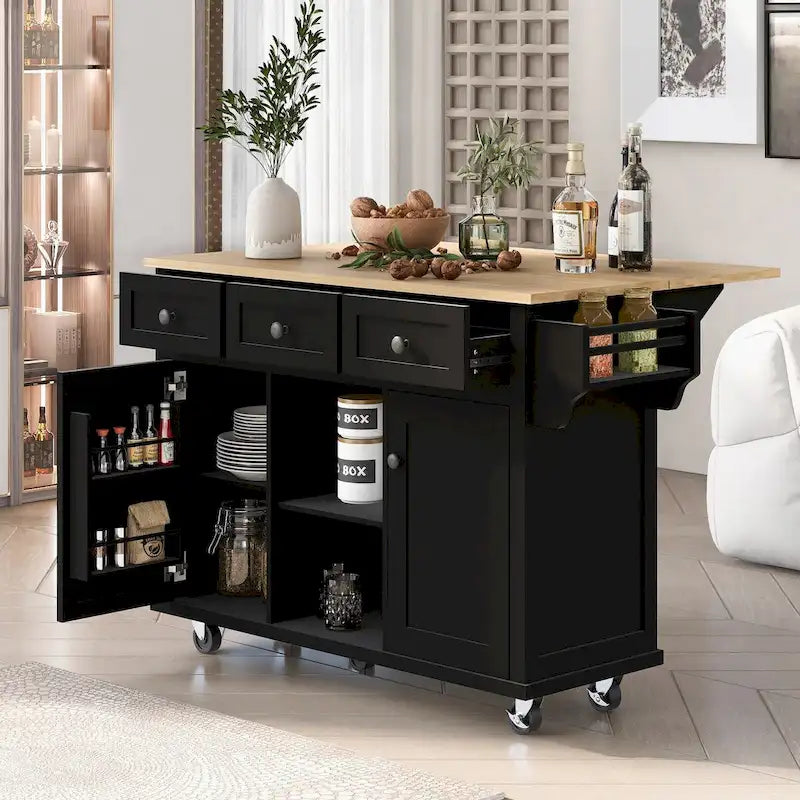 Carrello da cucina con isola, piano a ribalta, cassetti e ruote con blocco