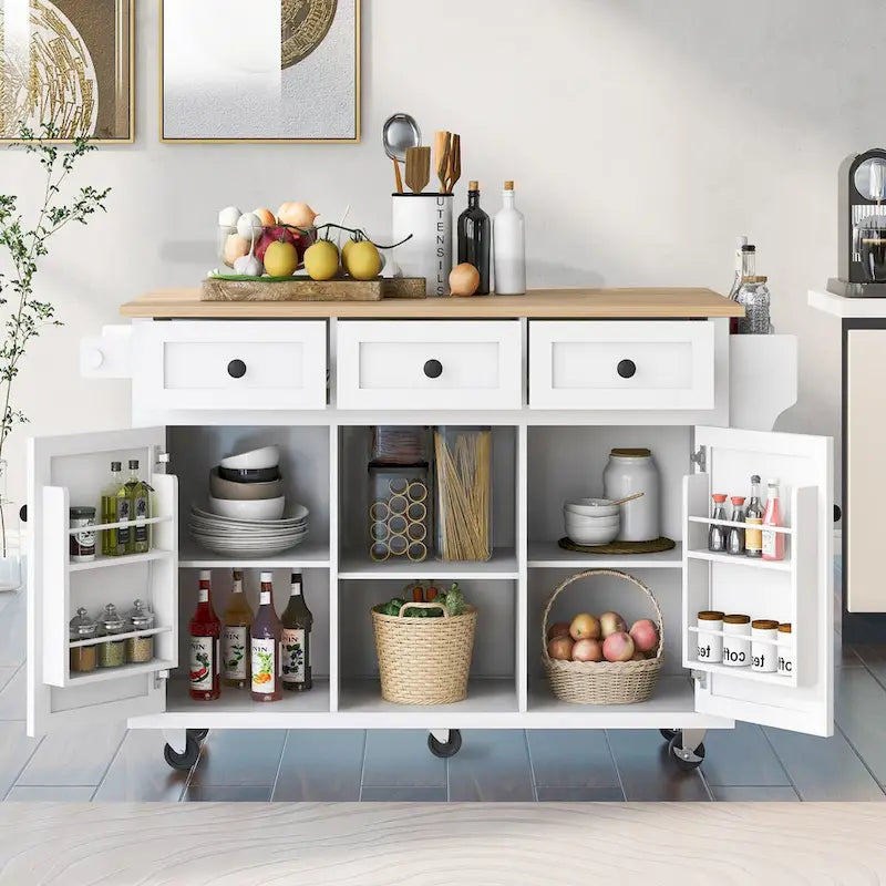 Carrello da cucina con isola, piano a ribalta, cassetti e ruote con blocco
